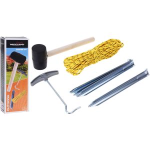Camping benodigdheden gereedschapsetje 9-delig - hamer - haringtrekker - scheerlijn/touw - 6x haringen