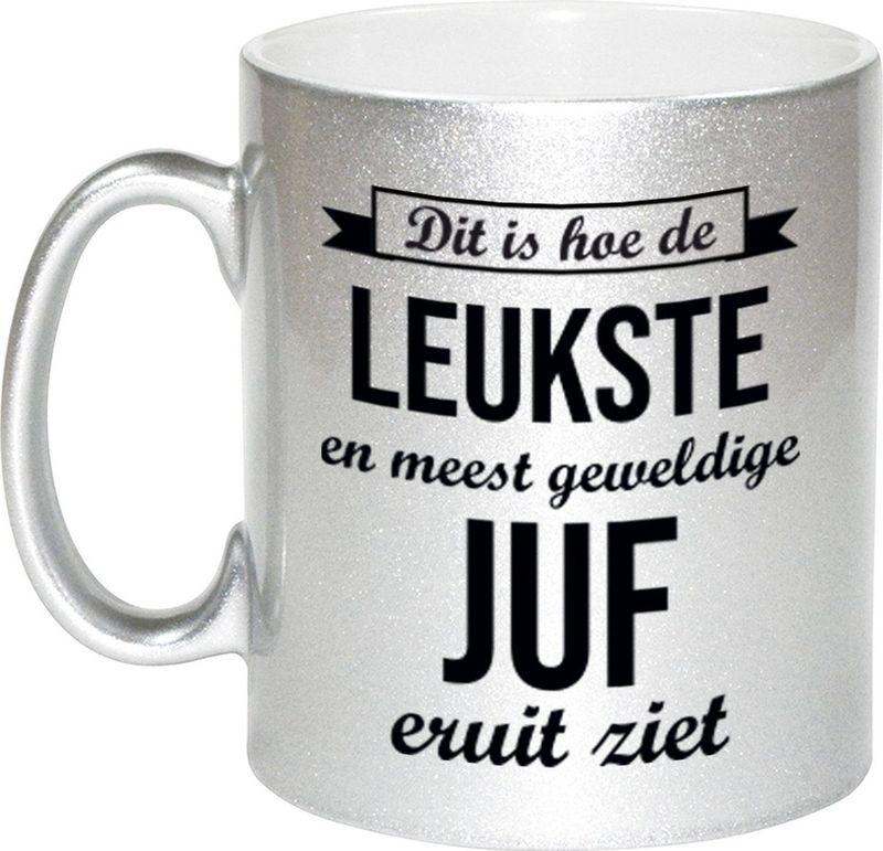 Leukste en meest geweldige juf cadeau mok / beker zilverglanzend 330 ml