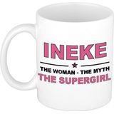 Naam cadeau mok/ beker Ineke The woman, The myth the supergirl 300 ml