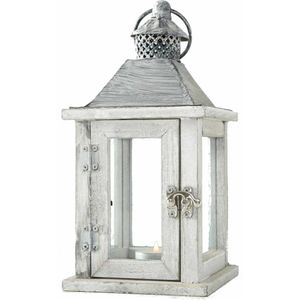 1x Houten windlicht/lantaarn kaarsenhouders wit 13 x 25 cm- Landelijke woonstijl - Woonaccessoires/woondecoraties