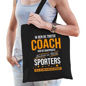 Trotse coach van de beste sporters katoenen cadeau tas voor dames - zwart - verjaardag - kado cadeau tas voor coaches