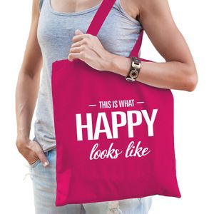 This is what happy looks like cadeau katoenen tas roze voor dames - kado tas / tasje / shopper voor een gelukkige dame / vrouw