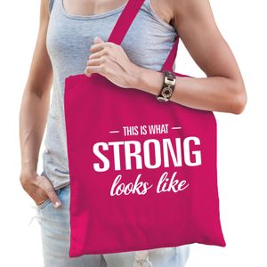 This is what strong looks like cadeau katoenen tas roze voor dames - kado tas / tasje / shopper voor een sterke dame / vrouw