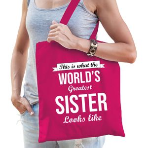 Worlds greatest SISTER cadeau tasje roze voor dames - verjaardag / kado tas / katoenen shopper voor zussen / zusjes