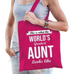 Worlds greatest AUNT cadeau tasje roze voor dames - verjaardag / kado tas / katoenen shopper voor tantes