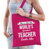 Worlds greatest TEACHER cadeau tasje roze voor dames - verjaardag / kado tas / katoenen shopper voor lerares / juf / leerkacht / docent