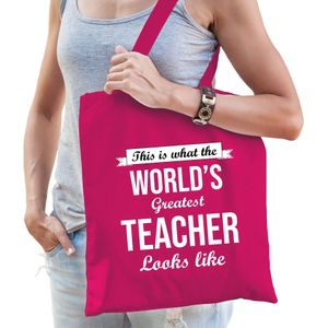 Worlds greatest TEACHER cadeau tasje roze voor dames - verjaardag / kado tas / katoenen shopper voor lerares / juf / leerkacht  / docent