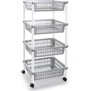 Zilverkleurige opberg trolleys/roltafels met 4 manden 40 x 50 x 85 cm - Etagewagentje/karretje met opbergkratten