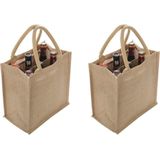 2x Jute boodschappentassen/strandtassen voor 6 flessen 29 x 27 cm naturel - Wijnflessen tas - Draagtassen met hengsels -Trendy tas