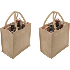 2x Jute boodschappentassen/strandtassen voor 6 flessen 29 x 27 cm naturel - Boodschappentassen