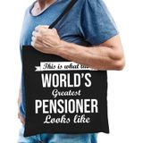 This is what the worlds greatest pensioner looks like cadeau tasje - zwart met witte letters - voor heren - Pensioen / VUT kado tas