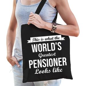 This is what the worlds greatest pensioner looks like cadeau tasje - zwart met witte letters - voor dames - Pensioen / VUT kado tas