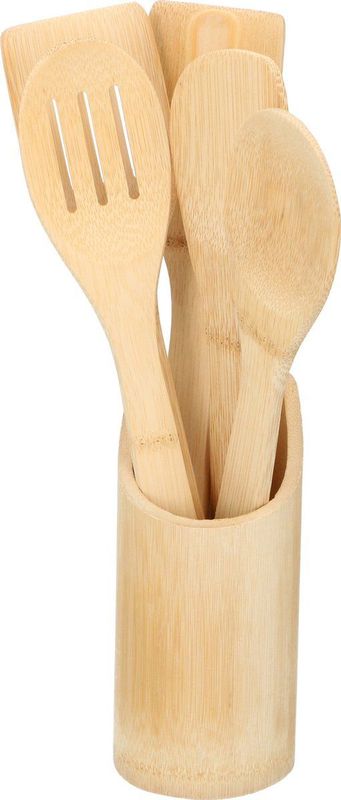 5-delige bamboehouten spatelset in pot met ophang oog - Bamboe houten keukengerei