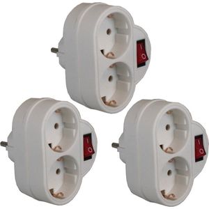 Pakket van 3x Stuks Stopcontact Splitters Dubbel met Randaarde en Schakelaar Wit - Verdeelstekkers