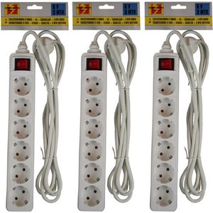 3x Stekkerdozen 6-voudig wit - 3 meter - Met randaarde en schakelaar - Witte stekkerdozen - Verlengsnoeren/verlengkabels - Geaarde stekker/verlengsnoer - Stekkers en verlengsnoeren - Handig in huis