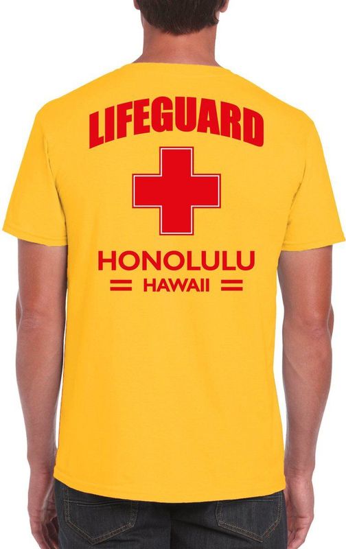Reddingsbrigade / lifeguard Honolulu Hawaii t-shirt geel / achter bedrukking heren