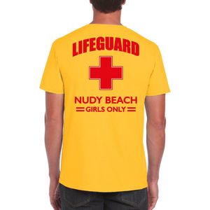 Lifeguard / strandwacht verkleed t-shirt / shirt Lifeguard Nudy Beach girls only geel voor heren - Bedrukking aan de achterkant / Reddingsbrigade shirt / Verkleedkleding / carnaval / outfit XL