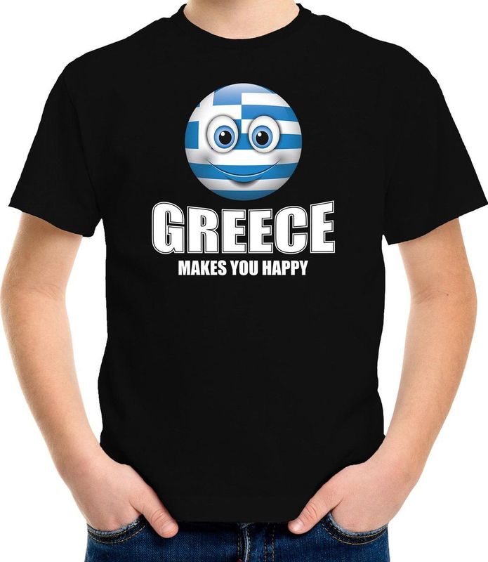 Greece makes you happy landen / vakantie shirt zwart voor kinderen met emoticon
