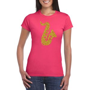 Gouden saxofoon / muziek t-shirt / kleding - roze - voor dames - muziek shirts / muziek liefhebber / saxofonisten / jazz / outfit S