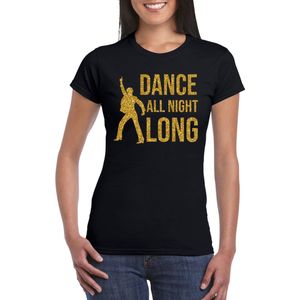 Gouden muziek t-shirt / shirt Dance all night long - zwart - voor dames - muziek shirts / discothema / 70s / 80s / outfit XS