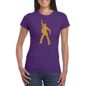Bellatio Decorations disco verkleed t-shirt voor dames - paars - gouden glitter - jaren 70 80