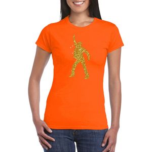 Bellatio Decorations disco verkleed t-shirt voor dames - oranje - gouden glitter - jaren 70 80