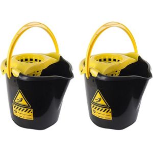 8x Dweilemmers/mopemmers 13,5 liter zwart/geel caution 32 x 30 cm - Vloer reinigen/dweilen - Schoonmaakartikelen
