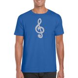 Zilveren muziek noot G-sleutel / muziek feest t-shirt / kleding blauw heren