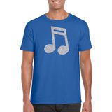 Zilveren muziek noot / muziek feest t-shirt / kleding blauw heren