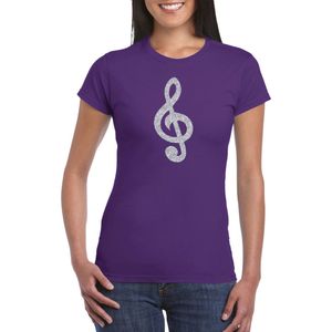 Zilveren muzieknoot G-sleutel / muziek feest t-shirt / kleding - paars - voor dames - muziek shirts / muziek liefhebber / outfit L