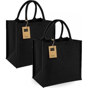 Set van 2x stuks jute boodschappentassen/shoppers 30 x 30 x 19 cm - Zwarte goodiebags 14 liter