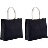 2x stuks jute zwarte boodschappentassen/strandtassen 42 cm