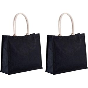 2x stuks jute zwarte boodschappentassen/strandtassen 42 cm