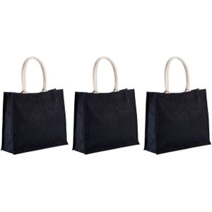 3x stuks jute zwarte boodschappen strandtassen van 42 cm - Strandartikelen beach bags/shoppers