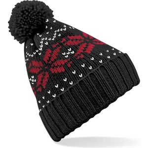 Gebreide Nordic wintermuts in het zwart/rood met pompom voor volwassenen - Damesmutsen / herenmutsen - 100% Polyacryl