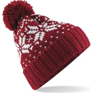 Gebreide warme wintermuts met pompom rood/wit