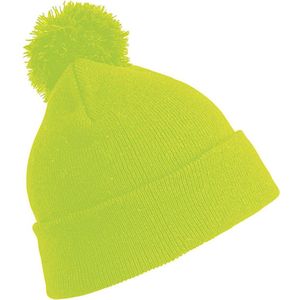 Trendy warme wintermuts in het fluor geel met pom pom voor kinderen - Jongens en meisjes model muts - 100% polyacryl