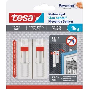 Tesa klevende spijkers - 4x stuks - verstelbaar - wit - voor behang en pleisterwerk - draagkracht 1 kg - spijker / schroeven