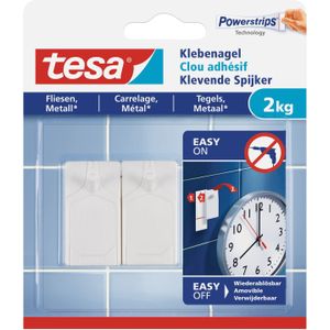 Tesa klevende spijker - 6x - wit - 2 kg - voor tegels en metaal - draagkracht 2 kg - spijker / schroeven