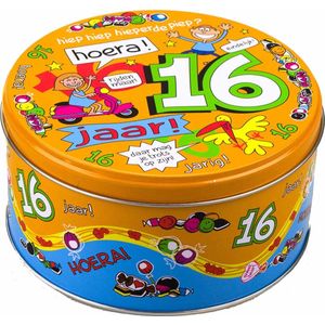 Thema snoeptrommel/koektrommel - 16 jaar - 14 x 8 cm - verjaardag