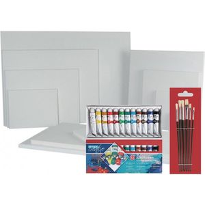 Schildersdoek van 50 x 50 cm met diverse penselen en setje van 12 tubes acryl verf - Schilderij maken voor kinderen