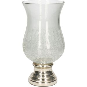 Glazen stormlamp/windlichten craquele op zilveren voet 26,5 cm