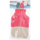 1x Warme winter kruik met gebreide stoffen hoes roze/cremekleurig 2 liter - warmwaterkruiken