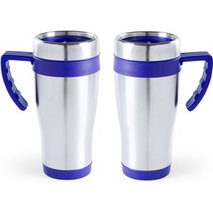 2x stuks rVS thermosbeker/warmhoud koffiebekers blauw 500 ml - Isoleerbekers/reisbekers