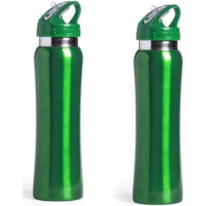 Drinkfles/waterfles Powerline - Set van 2x stuks - 800 ml - metallic groen - RVS metaal - Sportfles bidon - luxe uitvoering