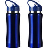 Set van 2x stuks drinkfles/waterfles 600 ml metallic blauw van RVS - Sport bidon waterflessen