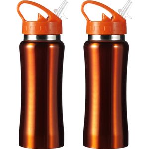 Set van 2x stuks drinkfles/waterfles 600 ml metallic oranje van RVS - Sport bidon waterflessen