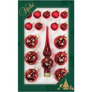 Luxe rode glazen mini kerstballen en piek set voor mini kerstboom 16-dlg - Kerstversiering/kerstboomversiering rood