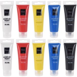 Setje acryl verf 10 tubes 5 kleuren 75 ml