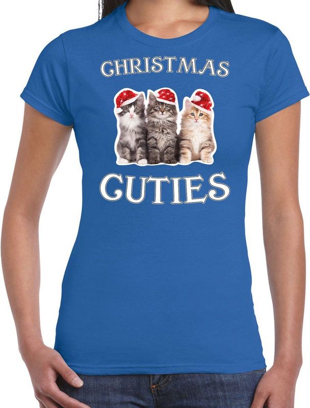 Kitten Kerstshirt Kerst t-shirt Christmas cuties blauw voor dames - Kerstkleding Christmas outfit